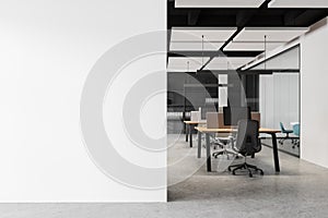 Modern office room interior with coworking and conference room, mock up wall