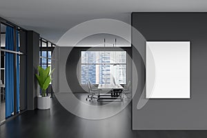 Modern office room interior, desktop computers on table, grey wall. Hardwood floor. Panoramic city view windows. White empty