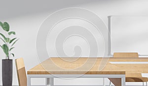 Modern office setting, 3d rendering mock up, focus on desk.