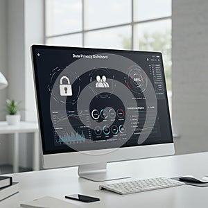 A modern office setting with a computer monitor displaying a data privacy dashboard