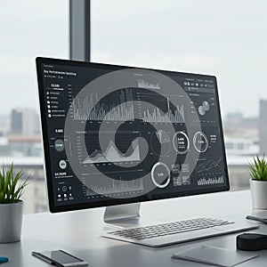 A modern office setting with a computer monitor displaying various data