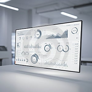 A modern office setting with a computer screen displaying a detailed dashboard of