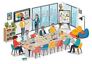 Modern office setting with diverse team engaging in collaborative