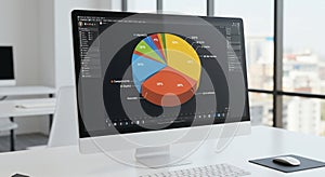 A modern office setting features a computer monitor displaying a colorful pie chart.