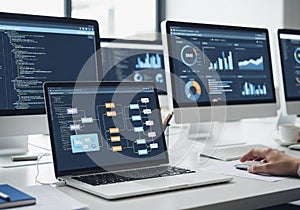 A modern office setting features multiple computer screens