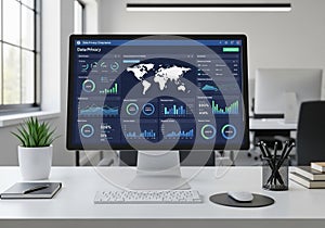 Modern office setting featuring a computer monitor displaying a