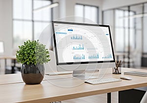 Modern office setting with a large computer monitor displaying data analytics, including bar and