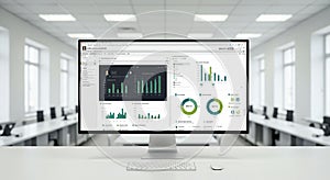 A modern office setting with a large computer monitor displaying data analytics