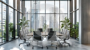 Modern office setting with skyline view. Spacious and stylish. Ideal for corporate and business use. Contemporary design