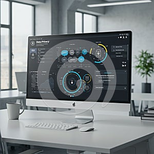 A modern office setting with a sleek desktop computer displaying a data privacy