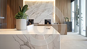 In a modern office setting a white marble podium with a minimalistic design adds a touch of luxury and sophistication to