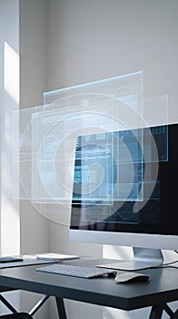 Modern office setup with advanced data visualization on screen