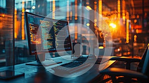 Modern office setup with computer screen displaying code