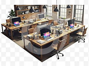 Modern office setup with computers and desks, isolated on white background