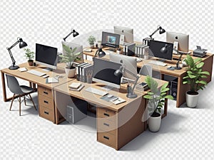 Modern office setup with computers and plants, isolated on white background isolated on white background