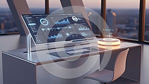 Modern office setup with 3d edge computing data visualization on large screen