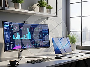 Modern office setup with data analytics display