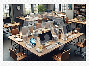 Modern office setup with desks and computers isolated on white background