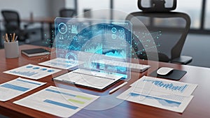 Modern Office Setup with Digital Data Analytics Display