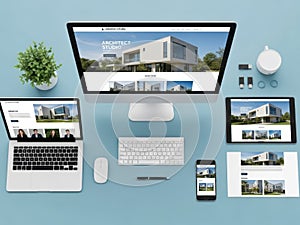 Modern office setup displaying responsive web design on multiple devices