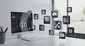 A modern office setup features a computer monitor displaying data and cloud