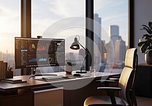 Modern office setup featuring a large monitor displaying data analytics with graphs and charts. The