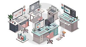Modern office setup with five workstations featuring monitors, keyboards, and photo