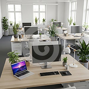 Modern office setup with plants, isolated on white background