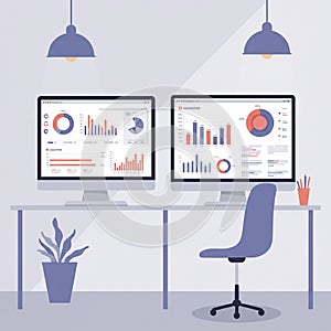 Modern office setup with two computer monitors displaying data analytics, graphs,