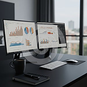 A modern office setup with two computer monitors displaying data visualizations,