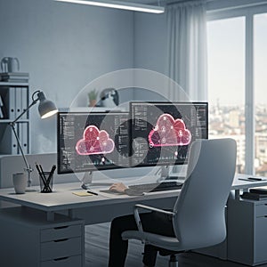 Modern office setup with a white desk, featuring dual computer monitors displaying