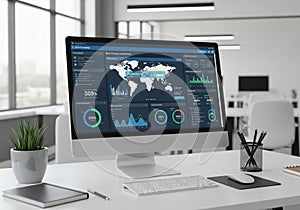 Modern office showing a desktop computer displaying data privacy