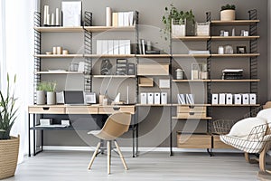 modern office with sleek and functional desktop organizers, wall-mounted shelves, and clear bins in the background