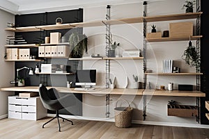 modern office with sleek and functional desktop organizers, wall-mounted shelves, and clear bins in the background