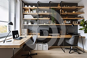 modern office with sleek and functional desktop organizers, wall-mounted shelves, and clear bins in the background