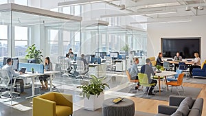 Modern office space with collaborative workstations