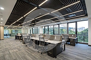 Contemporary office with dark desks and linear lighting