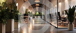 The modern office space featuring abundant greenery and stylish design elements. AI generated image