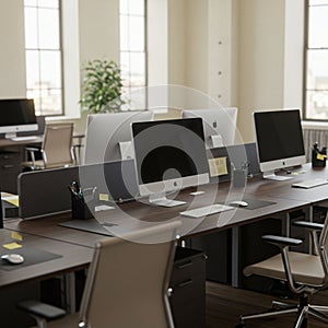 Modern office space featuring rows of desks with sleek computers, likely iMacs.