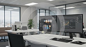 Modern office space with a focus on a desk featuring dual monitors displaying data