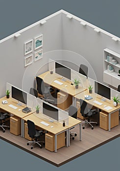 Modern office space with a grid layout features six workstations equipped with large photo