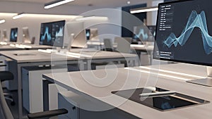 Modern office space with multiple computer workstations and data
