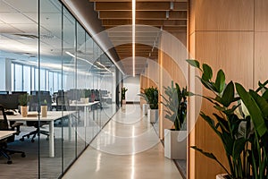 Modern office space with neutral glass partitions, light gray carpet, and plenty of natural light photo