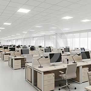 Modern office space with rows of desks computers and bright lighting natural light