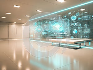 Modern office space showcasing digital screen with abstract data dashboard and minimalist design