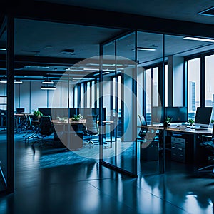 Modern office space with sleek glass partitions ergonomic workstations. generative AI