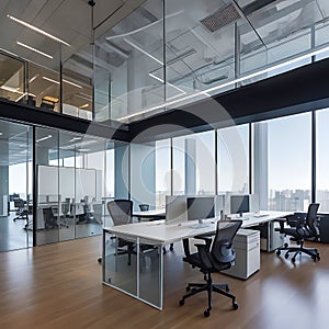 Modern office space with sleek glass partitions ergonomic workstations. generative AI