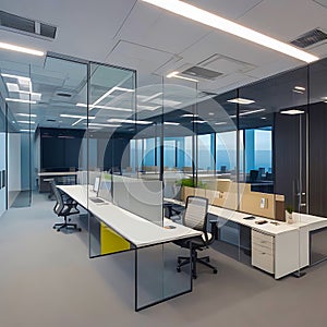 Modern office space with sleek glass partitions ergonomic workstations. generative AI