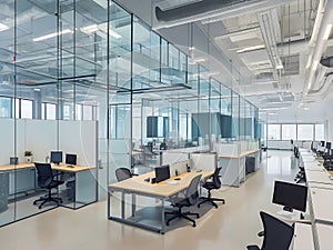 Modern office space with sleek glass partitions ergonomic workstations. generative AI