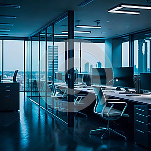 Modern office space with sleek glass partitions ergonomic workstations. generative AI